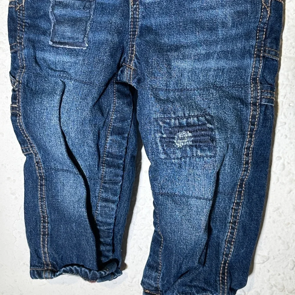 Oshkosh B’gosh Denim Patchwork Flannel Lined Overalls Size 18 Months Baby